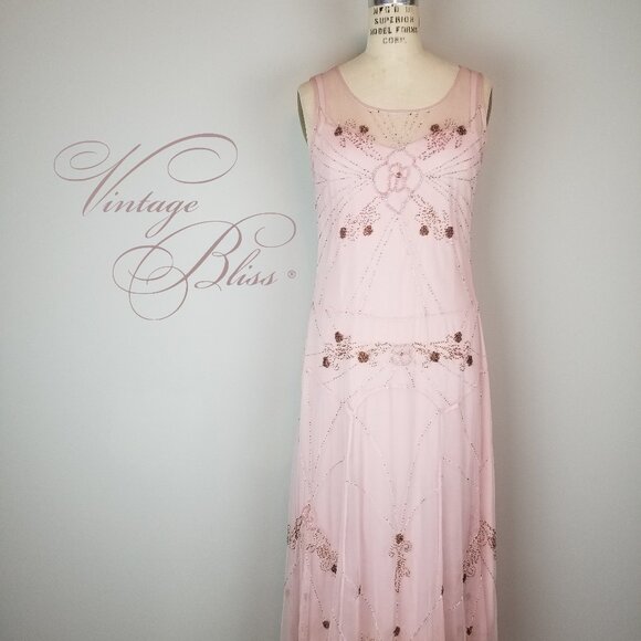 Vintage 1920's Flapper Style Pale Pink Dress with Glass Beadwork Ladies Size 10 - Picture 1 of 15